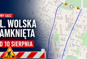 Mapa objazdu zamkniętego odcinka ulicy Wolskiej w Nowym Sączu od 10 sierpnia 2026 roku.