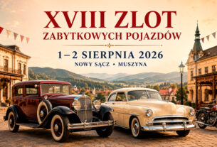 Zabytkowe samochody i motocykl promujące XVIII Zlot Zabytkowych Pojazdów w Nowym Sączu i Muszynie, 1–2 sierpnia 2026 roku.