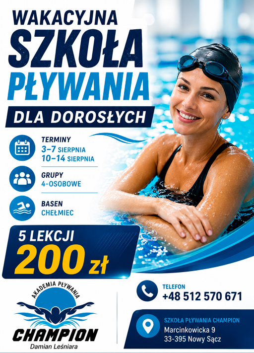 Wakacyjny kurs pływania dla dorosłych w Chełmcu. Małe grupy, nauka od podstaw i doskonalenie techniki pod okiem doświadczonych instruktorów.
