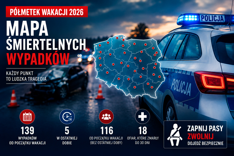 Półmetek wakacji 2026. Policyjna mapa pokazuje skalę śmiertelnych wypadków drogowych