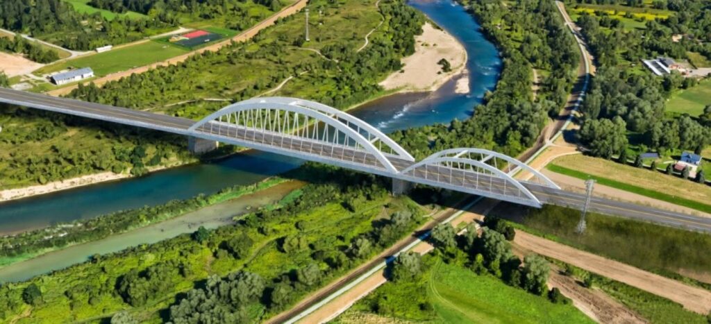 Wizualizacja trzeciego mostu na Dunajcu oraz uczestnicy podpisania umowy na realizację inwestycji.

Tytuł: Trzeci most na Dunajcu – u