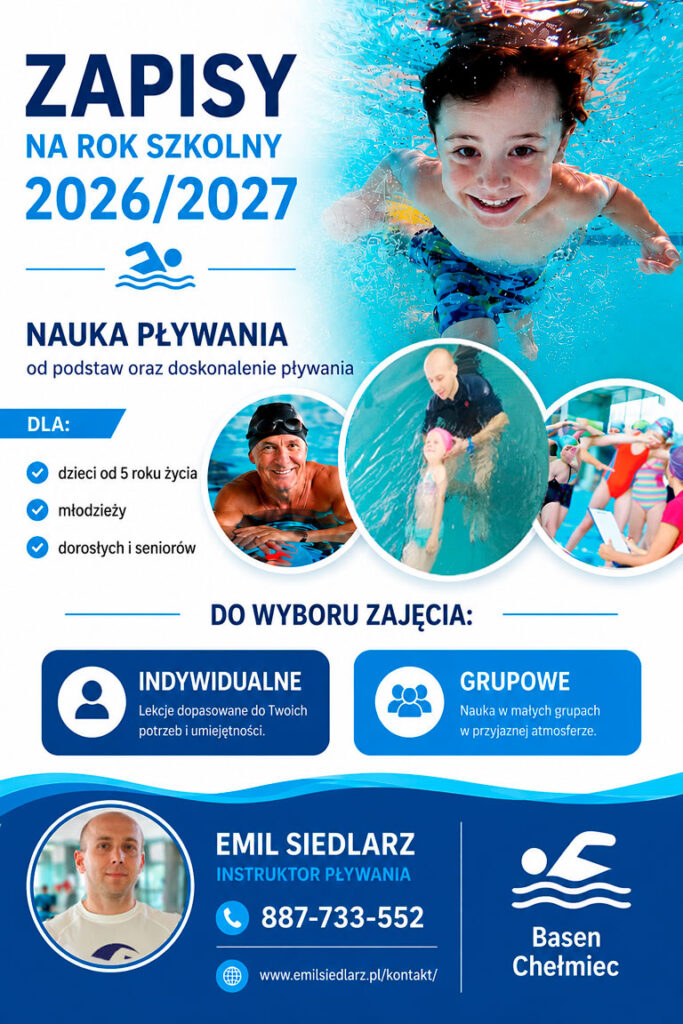 Zapisy na naukę pływania dla dzieci na basenie w Chełmcu. Instruktor Emil Siedlarz