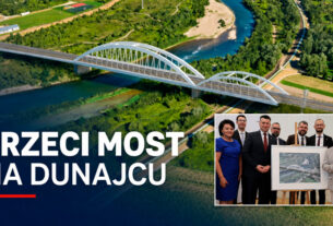 Wizualizacja trzeciego mostu na Dunajcu oraz uczestnicy podpisania umowy na realizację inwestycji.
