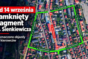 Mapa objazdu zamkniętego odcinka ul. Sienkiewicza w Nowym Sączu od 14 września 2026 roku.