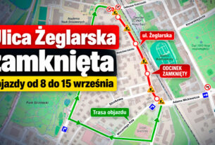 Mapa objazdu po zamknięciu ulicy Żeglarskiej w Nowym Sączu od 8 do 15 września 2026 roku