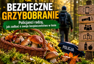 Kosz z grzybami w jesiennym lesie oraz hasło „Bezpieczne grzybobranie. Policjanci radzą, jak zadbać o swoje bezpieczeństwo w lesie”.