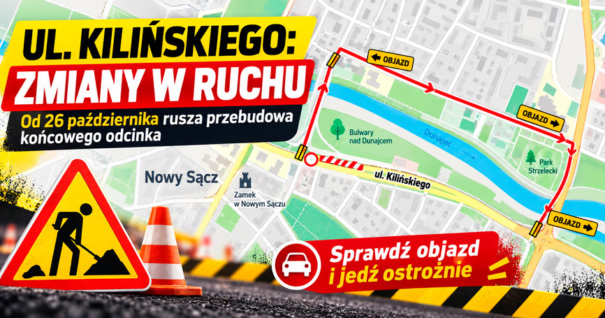 Uwaga, kierowcy! Od poniedziałku zmiany na ul. Kilińskiego w Nowym Sączu. Będzie ruch jednokierunkowy i objazdy