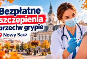 Bezpłatne szczepienia przeciw grypie w Nowym Sączu – grafika przedstawiająca szczepienie seniora przez personel medyczny.