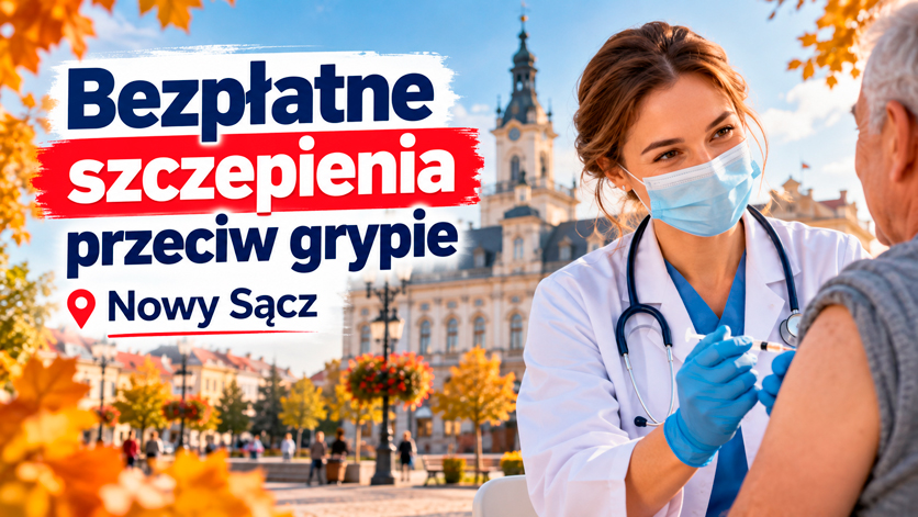 Bezpłatne szczepienia przeciw grypie w Nowym Sączu – grafika przedstawiająca szczepienie seniora przez personel medyczny.